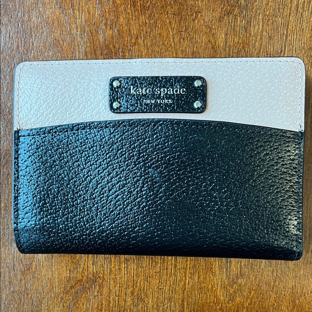 kate spade Black & White Leather Card Case with Logo Plaque